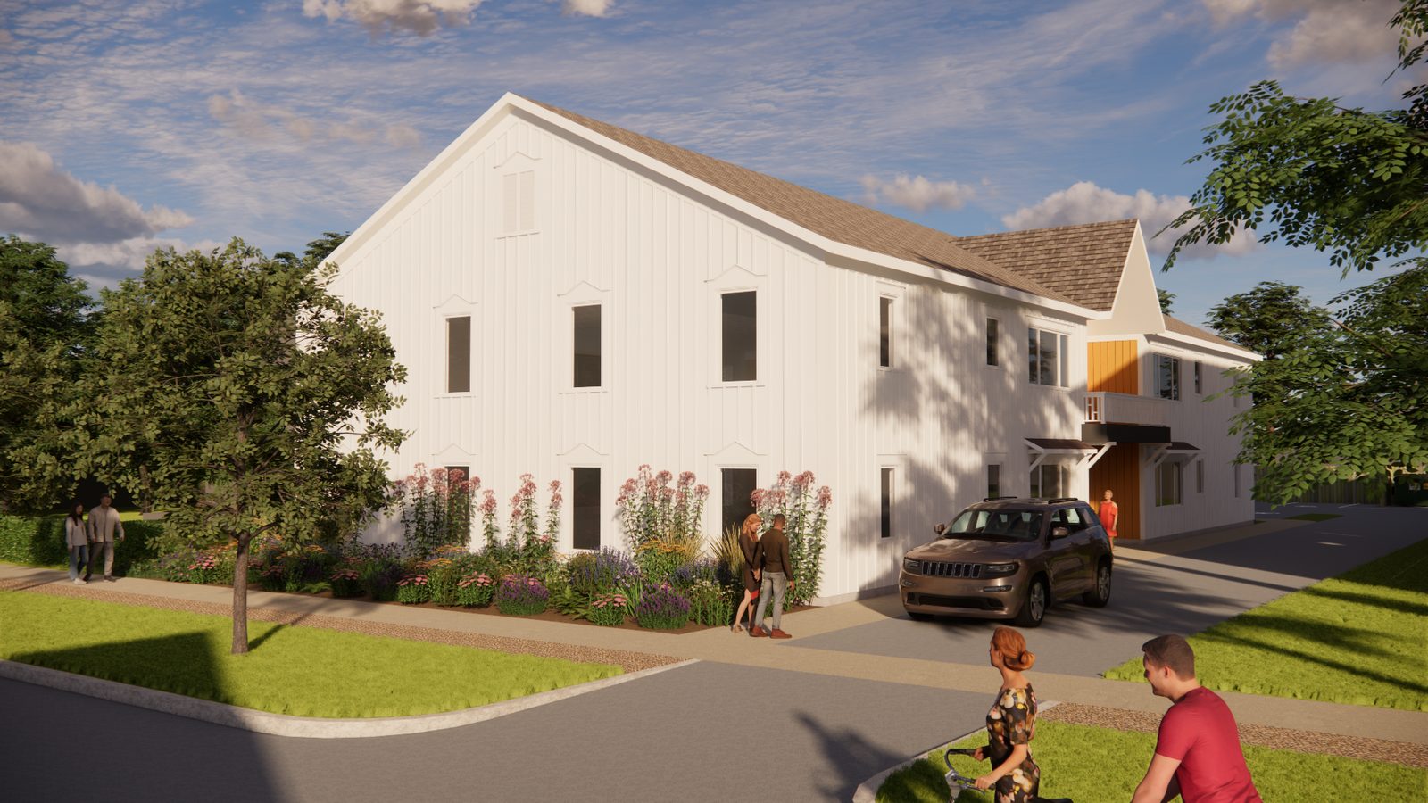 Angled architectural rendering showing the building entrance and driveway