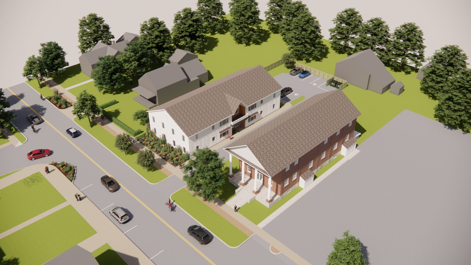 Aerial architectural rendering of the building in its Main Street village context
